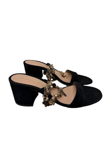 Gianvito Rossi black suede Gold Chain block-heel sandals Size 36 GIANVITO ROSSI