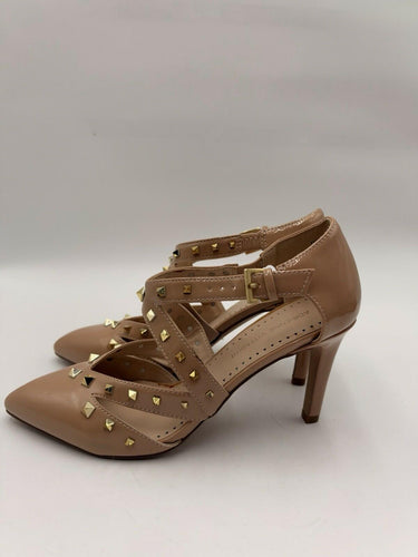 Adrienne Vittadini AVI Navi Nude Patent Studded T Strap Heels Womens Size 8.5