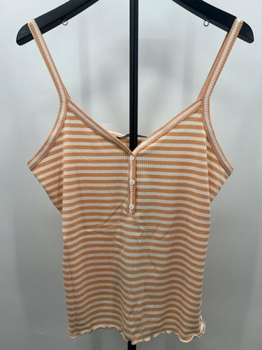 Vero Moda Tank Top Striped Ribbed Henley Lettuce Hem Coral Sands White NWT - XL VERO MODA