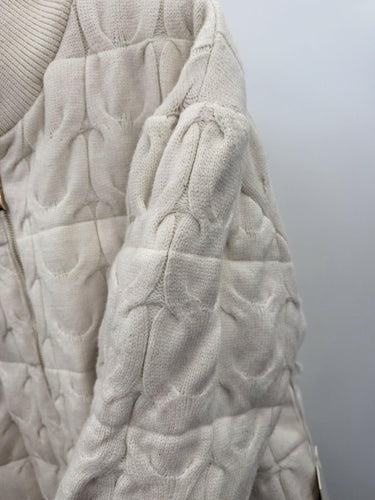 Joie Cable Knit Quilted Puffer Sweater Jacket Cream Ivory Full Zip Mock Neck L