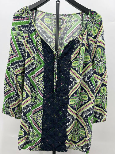 Crown & Ivy Blouse Womens Green Navy Geometric Lace Boho Peasant Top XL Crown & Ivy