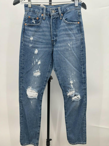 Levis 501 Jeans Womens Heavy Distressed Ripped Knee Medium Wash Blue W24 L28 Levi's