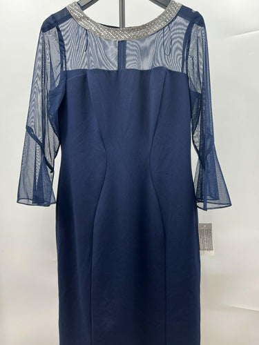 Alex Evenings Navy Blue Beaded Illusion Neckline Bell Sleeve Sheath Dress 12 Alex Evenings