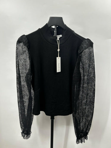 Heartloom Nia Woman’s Black Top ribbed knit Sheer Sleeves Mock Neck Size M M & M