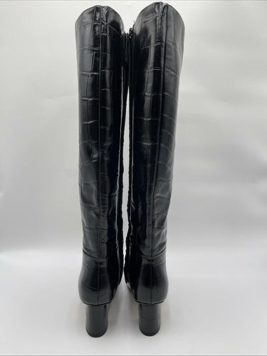 3.1 PHILLIP LIM “Tess” Black Croc-Embossed Square Toe Zip Up Leather Boots, 35.5