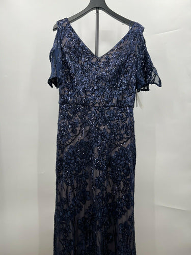 Alex Evenings Gown Navy Nude Sequin Lace Cold Shoulder Formal Dress 12 Alex Evenings
