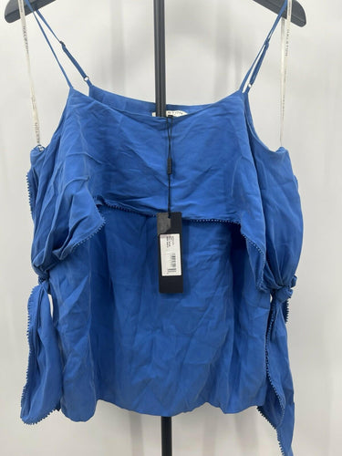 Halston Heritage Top Blue Cold Shoulder Tie Sleeve Pom Pom Cami L Halston Heritage