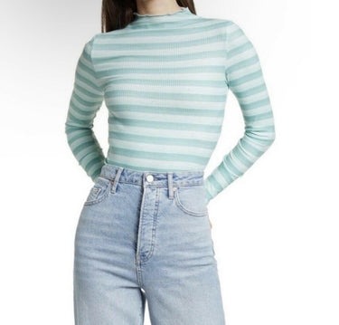 Cali Be teal and green striped ribbed mock neck long-sleeve top Woman’s Size L Cali