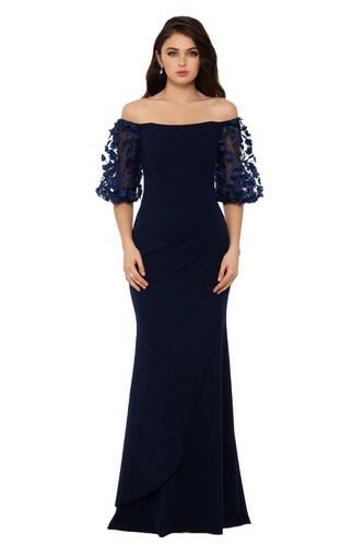 Xscape Women's Evening Gown Off-the-Shoulder Floral Puff Sleeves, Navy, 8P, Xscape