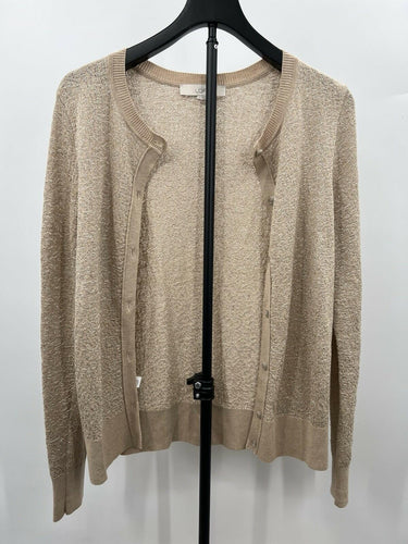 LOFT Cardigan Womens Beige Gold Metallic Shimmer Button Front Sweater S LOFT