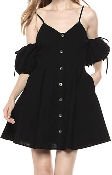 NWOT Women’s J.O.A V-Neck Cold Shoulder Button Up Fit & Flare Dress Black Size L J.O.A.
