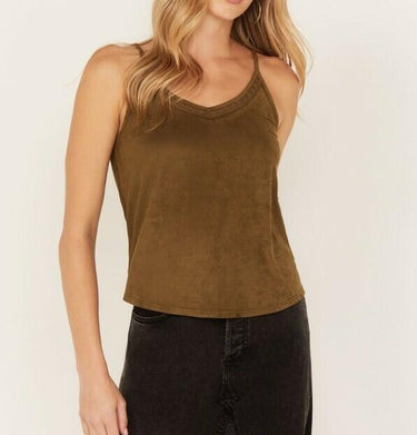 NWOT SHYANNE WOMEN'S CROCHET LACE FAUX SUEDE CAMI TOP Brown Size M Shyanne