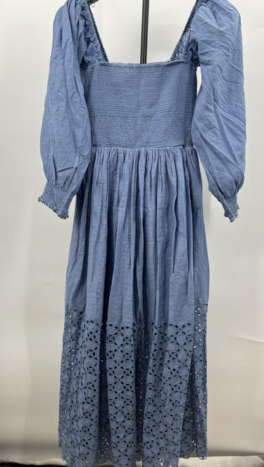 Free People Blue Eyelet Smocked Maxi Dress Square Neck Puff Sleeve Boho Size S Free People