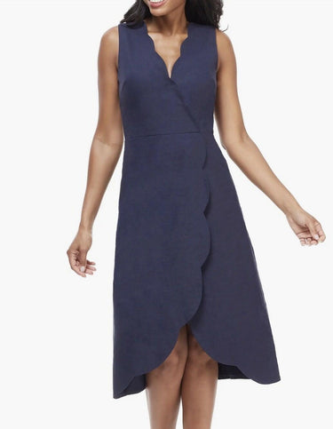 Maggy London Solid Linen Cotton Fit and Flare with Scallop Detail Navy Dress 10 Maggy London