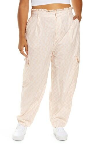 BP. Check Paperbag Waist Cargo Pants, Ivory- Pink Phoebe Check Size 1X BP.