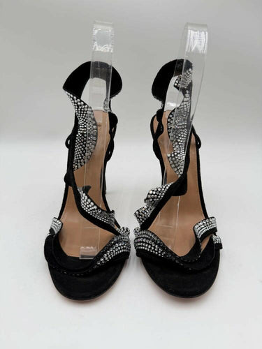 Aquazzura Black Suede Crystal Embellished Open Toe Ruffle Slingback Sandals 37