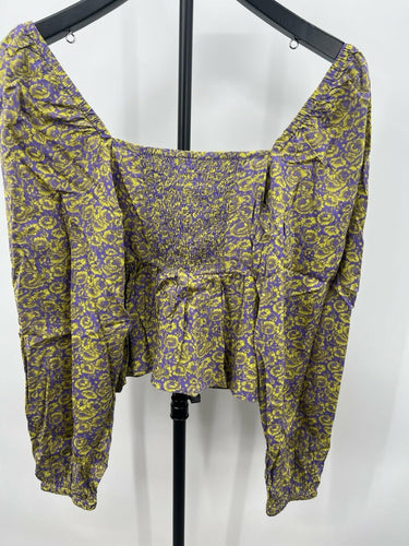 ABOUND Top Purple Yellow Paisley Smocked Babydoll Puff Sleeve Boho - S