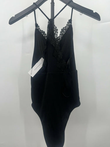 TOPSHOP Black Lace Trim V Neck Strappy Rib Bodysuit Top Color Black Size 4