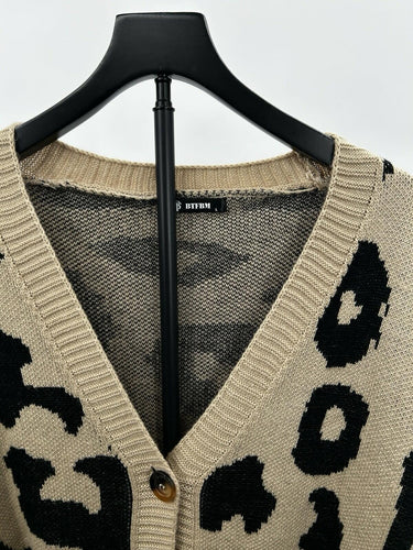 BTFBM Womans oversized leopard print cardigan sweater Tan Animal Print Size L