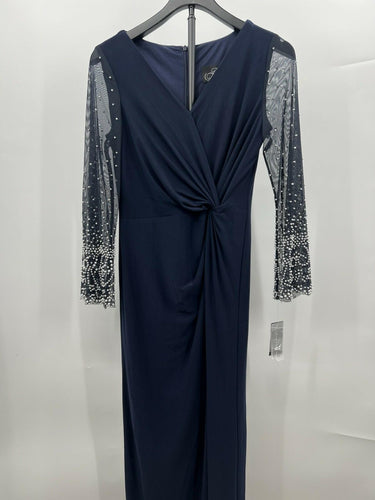 Alex Evenings Dress Dark Navy Pearl Beaded Sleeve Twist Front Gown 6 Alex Evenings