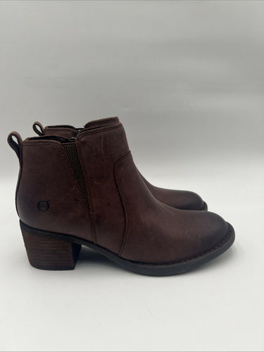 Women’s Born Reegan Brown Leather Zip Booties Mid Block Heel Boots Size 8M Børn