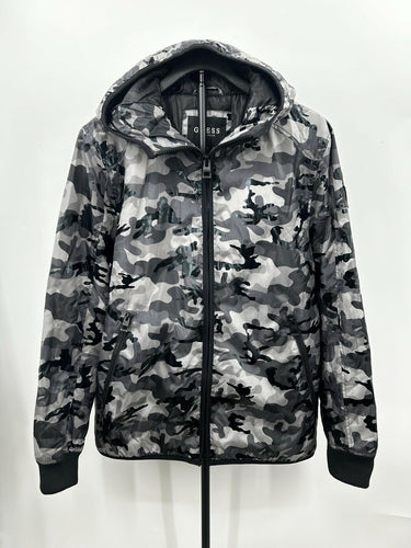 Guess camouflage Men’s hooded jacket gray and black pattern Zip Size M GUESS