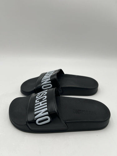 Women’s Moschino black PVC logo pool slides Size 35