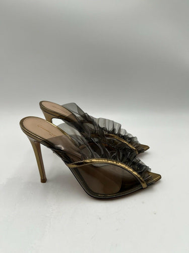 Gianvito Rossi Plexi ruffle stiletto mules metallic gold / PVC Clear Size 37.5 GIANVITO ROSSI