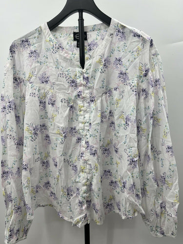 Scoop Blouse Womens Floral Boho Peasant Top Button Front Lavender Yellow L 12-14 Scoop