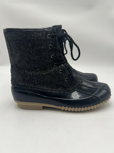Sugar Skipper Black Glitter Duck Lace Up Rain Boots Womens 10 Sugar