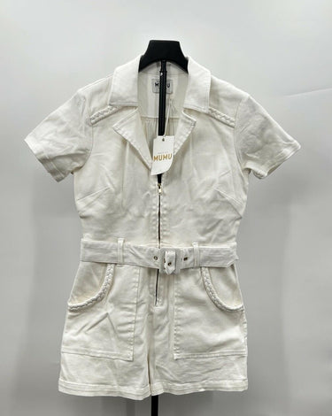 Show Me Your Mumu Outlaw Romper White Denim, Front Zip And Braided Trim Size L Show Me Your MuMu