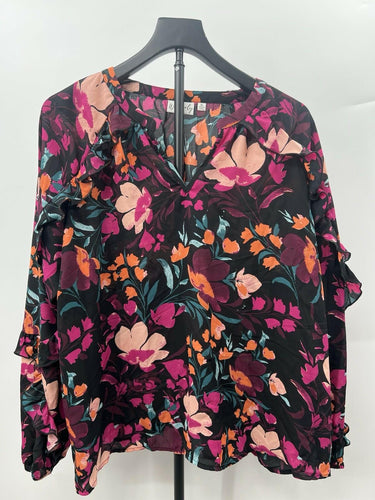 Wonderly Blouse Womens Floral Top Ruffle Sleeve V Neck Black Pink Orange XL Orange