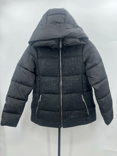 Laundry by Shelli Segal Jacket Womens Black Tweed Sequin Puffer Hooded Winter XS Laundry by Shelli Segal