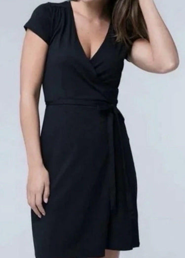 Pact Wrap Dress Womens Black Organic Cotton Short V-Neck Tie Waist Size M Pact