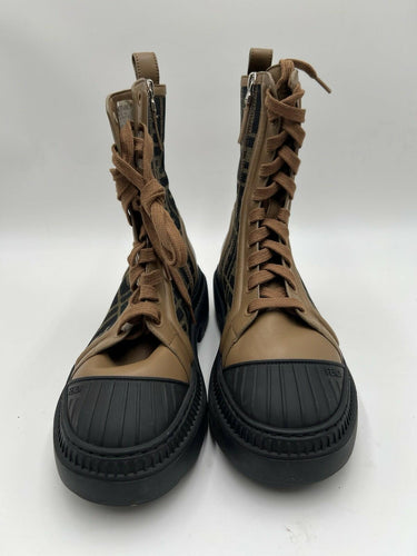Fendi Wmns FF Motif Domino Biker Boot Brown Leather FF jacquard fabric Size 35.5
