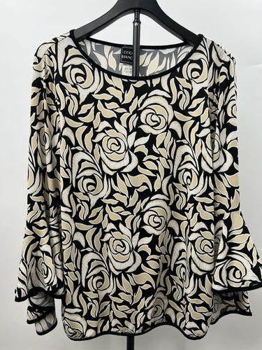 Coco Bianco Top Womens Bell Sleeve Blouse Black Cream Floral Made in USA Knit XL Coco Bianco