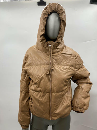 Women’s Love Tree Full Zip Faux Leather Puffer Brown Jacket Size M Love Tree