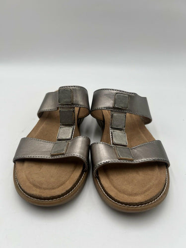 Sofft Pewter Metallic T-Strap Slide Sandals Square Studs Comfort Size 7