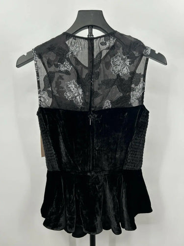 Rebecca Taylor top Black Velvet Peplum Silhouette Sheer Metallic Flowers Size 2 Rebecca