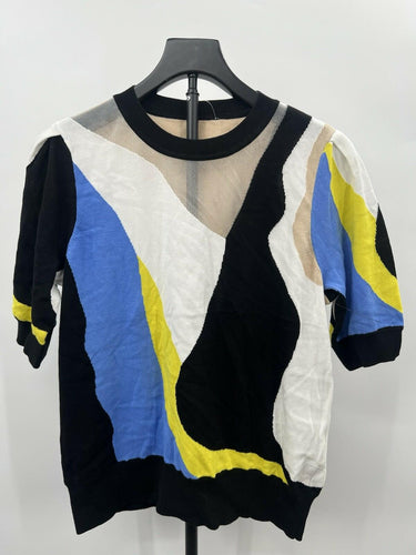 ON 34th Sweater Top Abstract Colorblock Mesh Knit Short Sleeve XS On 34th