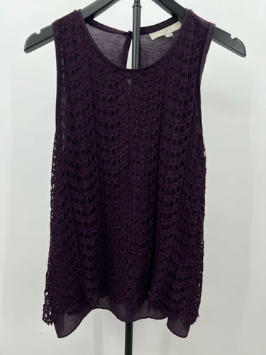 LOFT Blouse Womens L Purple Plum Crochet Lace Sleeveless Overlay Top L Large Loft