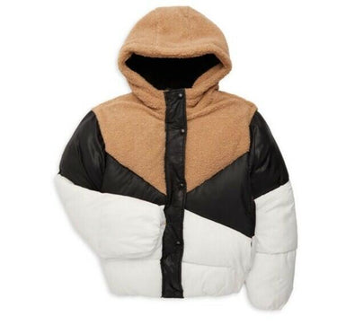 NWT SAM EDELMAN Girl's Faux Sherpa Colorblock Puffer Jacket Camel Size S 7/8 Sam Edelman