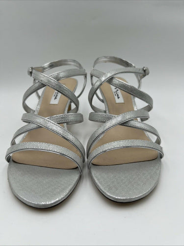 Nina Sandals Woman’s Silver Strappy Genaya-FY Glitter Spool Heel Size 10M Nina