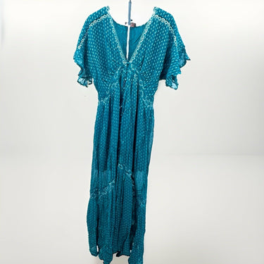 Shyanne Teal Maxi Dress White Dot Lace Trim Flutter Sleeve Western Boho XL Shyanne