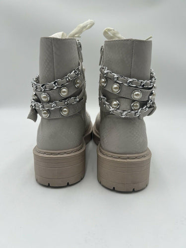 Sugar Kade Ivory Text Emboss Pearl Chain Combat Boots Womens 10 Sugar