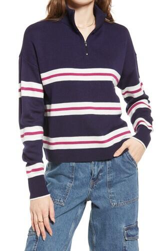 BP. Zip Mock Neck Sweater in Navy- Pink Uneven Stripe Size Small BP.