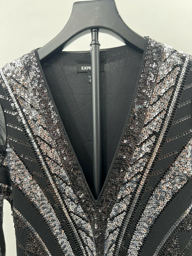 Express Sequin Dress Womens Bodycon Mini Black Silver Mesh Long Sleeve V Neck S Express