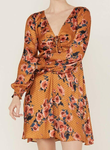 NWD Beyond The Radar Women's Floral Dot Satin Long Sleeve Dress Mustard Size M Beyond The Radar