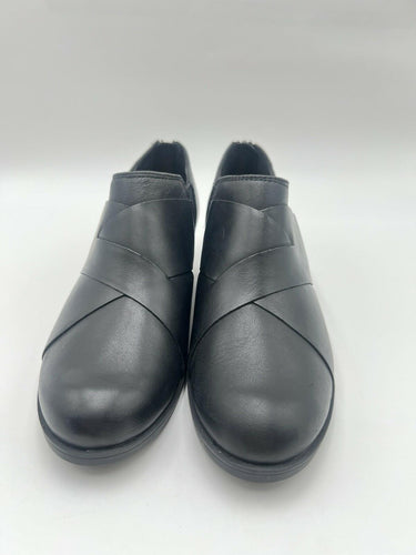 Clarks Black Leather Cross Band Ankle Booties Back Zip Block Heel Size 7.5