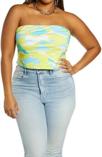 BP. Womens Tube Top Green Plus Cropped Painted Camo Strapless Blue 1X BP Clothing